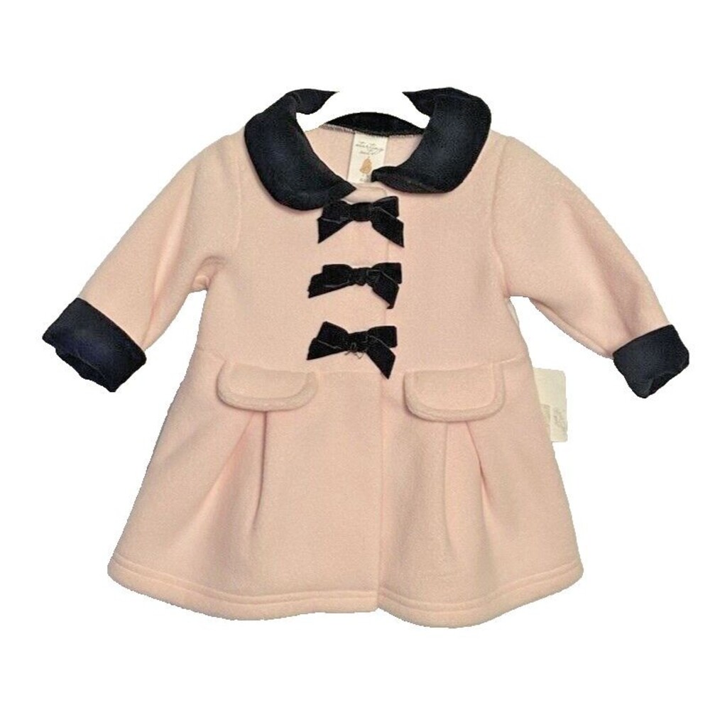 Starting Out Girls Pea Coat Size 6 Months Pink Black Velvet Bows Trim NEW